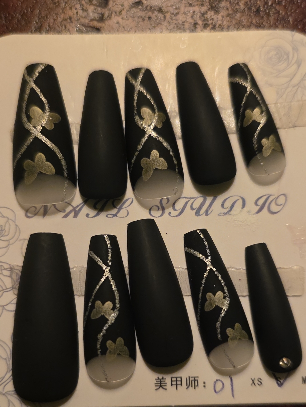 Matte Black Floral Press-On Nails with Silver Accents Size Small Or Med